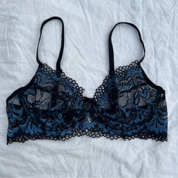 Knotty Knickers Midnight Bloom Black and Blue Metallic Lace Bralette, M - Picture 6 of 13